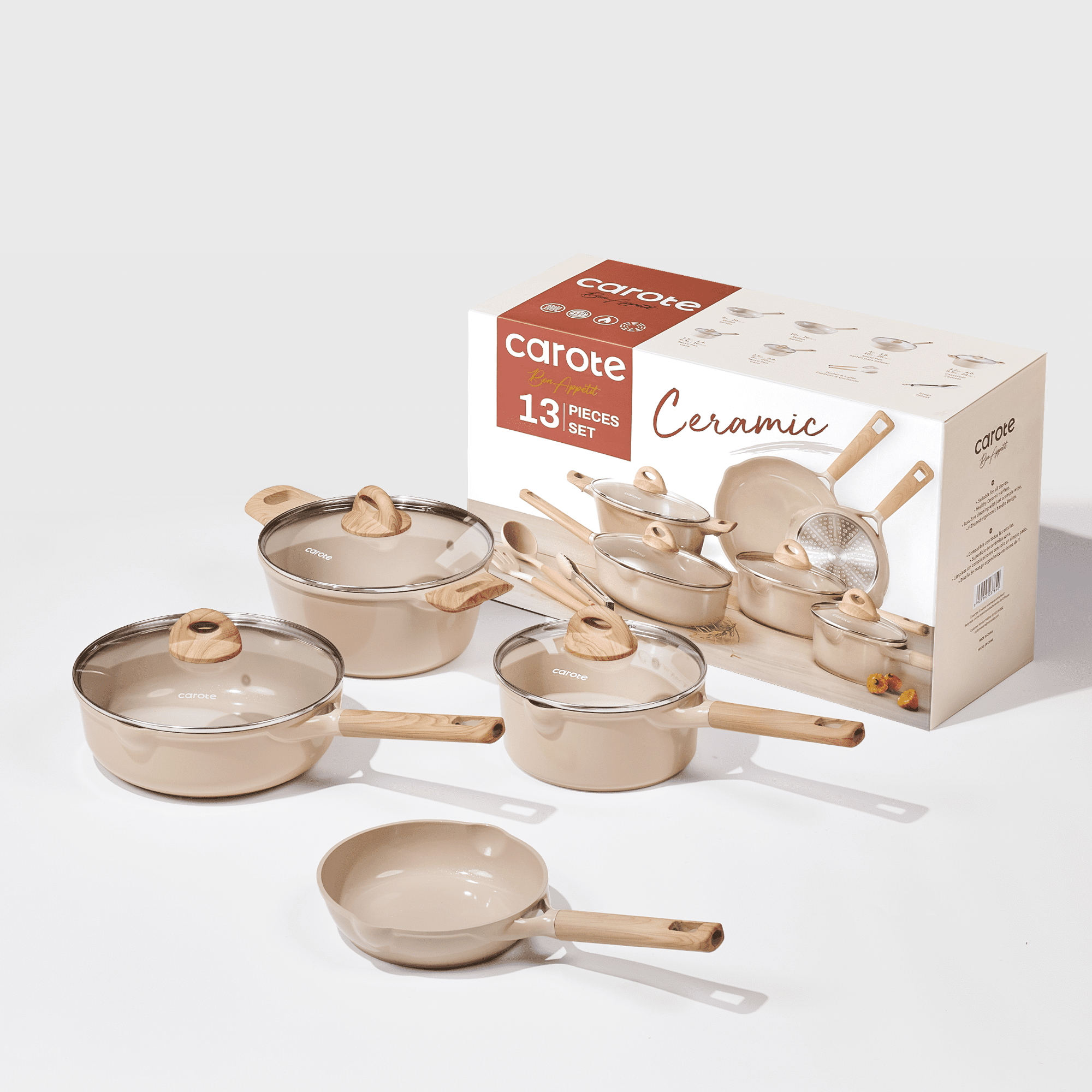 Carote Ceramic Nonstick Pots and Pans Set, 13 Pieces Non-Toxic Kitchen Cookware Sets Compatible for All Stoves, Taupe