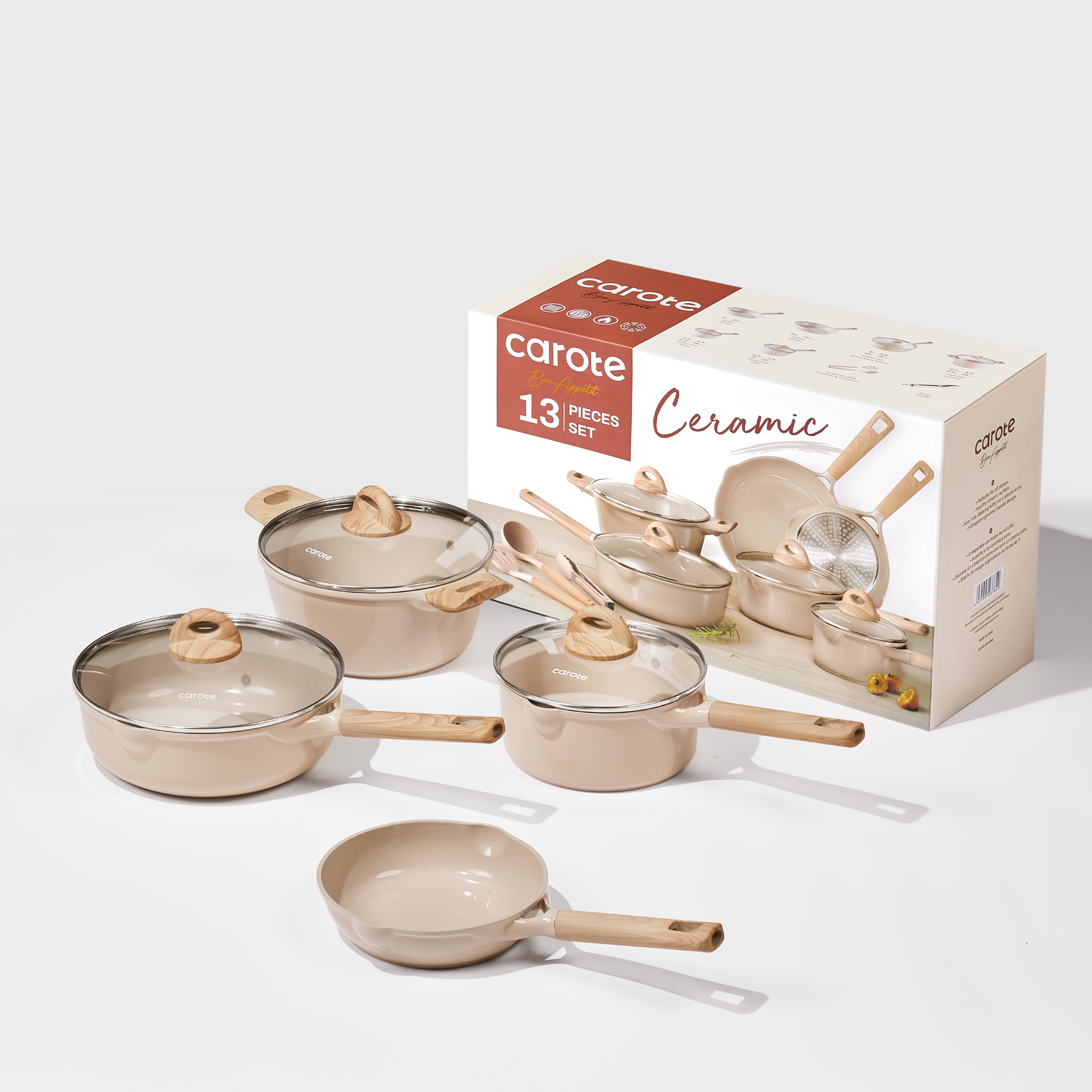 Carote 13-Piece Ceramic Nonstick Cookware Set, Taupe photo 3