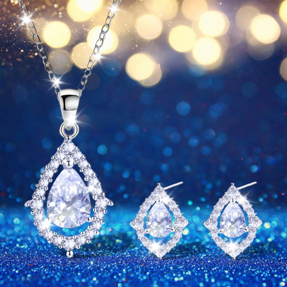Water Drop Necklace & Earrings Set for Women - Rhinestone Heart Pendant, 3 Colors (Blue/Purple/White), Stainless Steel Chain, 45cm 5cm Adjustable, Alloy Jewelry Set with Gift Bag
