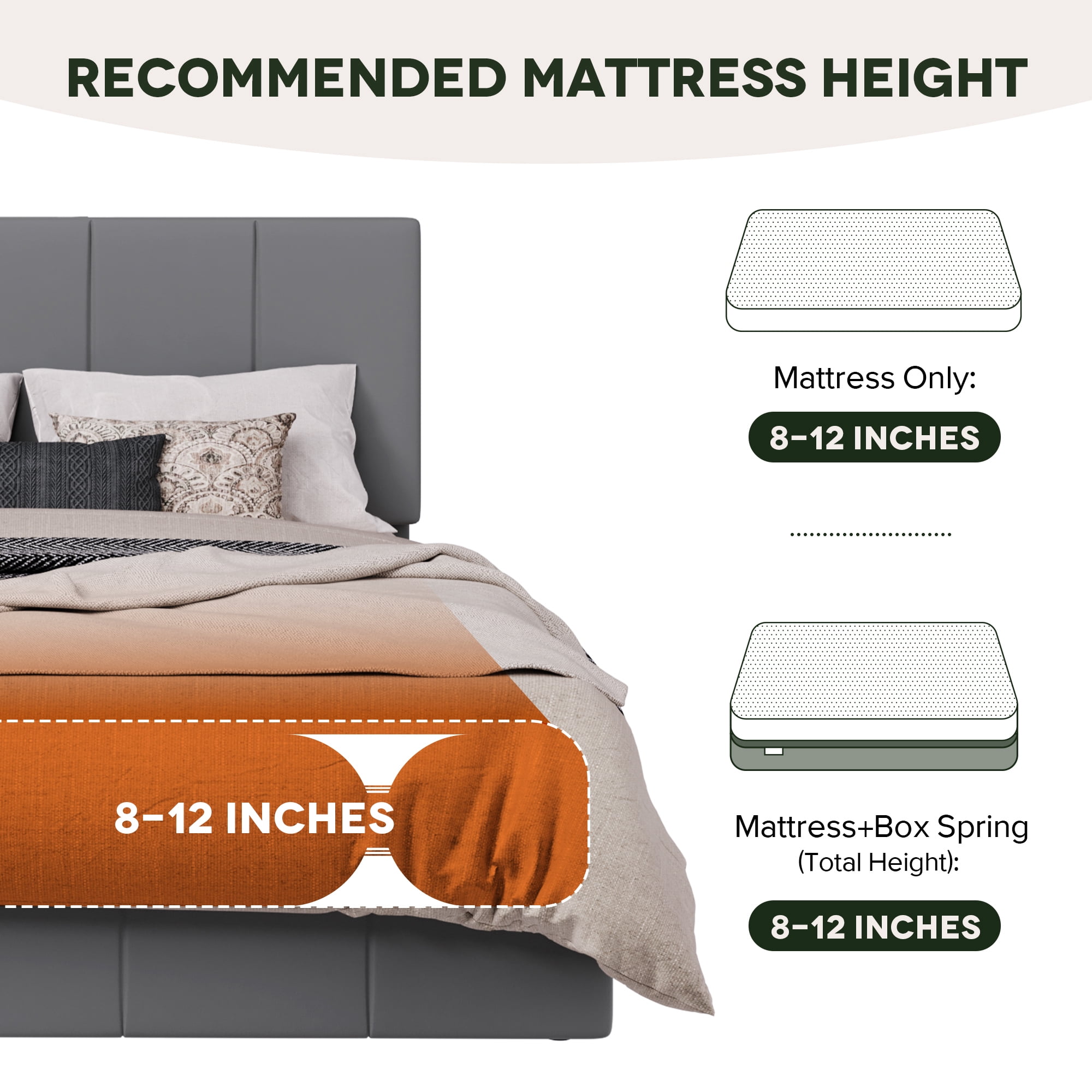 Einfach Full Size Bed Frame, Upholstered Platform Bed with Height Adjustable Headboard, Easy Assembly, Noise-Free, Grey