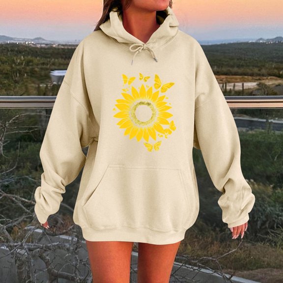 JUSLIO Womens Tops with Pockets Hoodies Sweatshirts Graphic Long Sleeve Sweatshirts Beige L