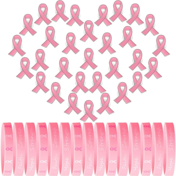 INIOR Breast Cancer Awareness Lapel Pins and Pink Ribbon Quote Bracelets Faith Hope Strength Survivor Wristbands for Pub 120