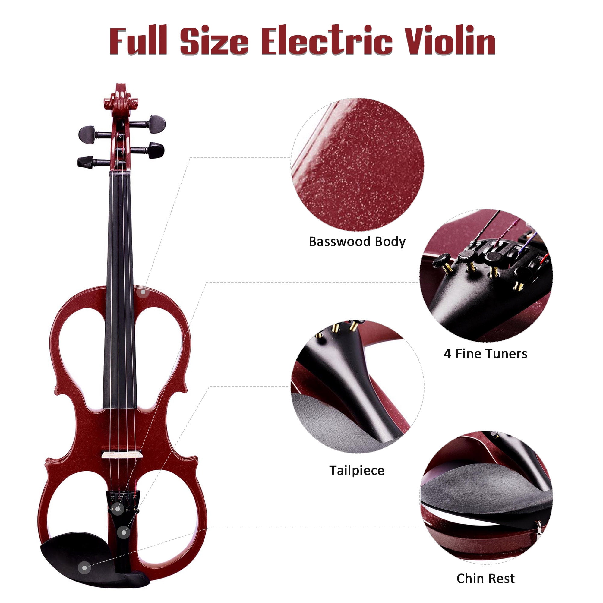 4/4 Electric Violin Full Size Wood Silent Fiddle Stringed Instrument Bow Headphone Case Jujube Red