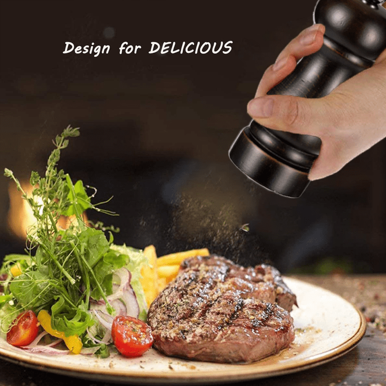 5 Inch Wooden Salt And Pepper Grinder Set - Adjustable Ceramic Grinder, Natural Rubber Wood
