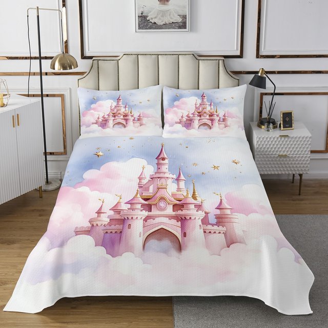 Erosebridal Princess Castle Coverlet Set Queen, Light Pink Bedding Set, Cartoon Cloud Star Decor 3-Piece