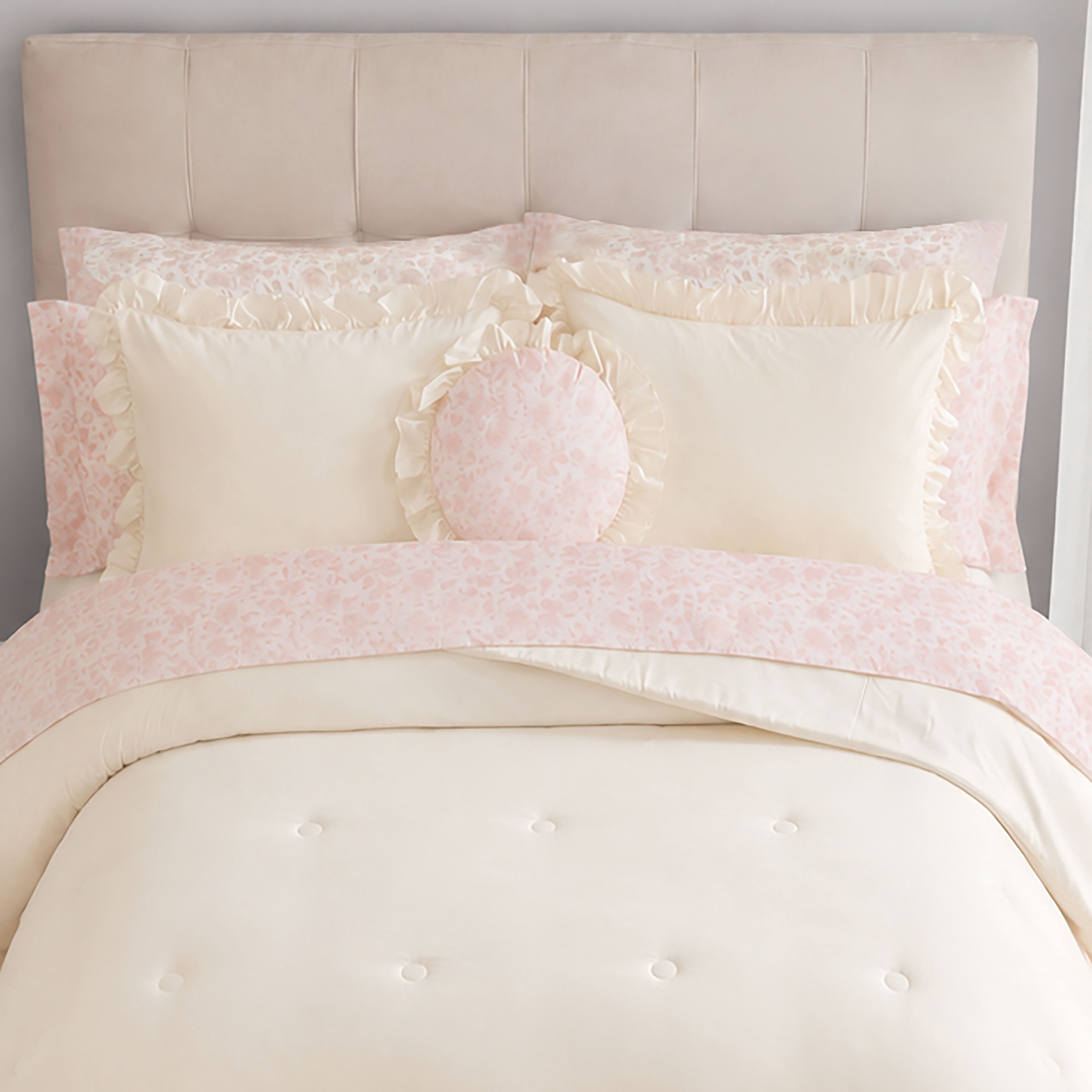 Mainstays All in One Reversible Comforter and Sheet set- 11 Piece, King, Cream Ruffle