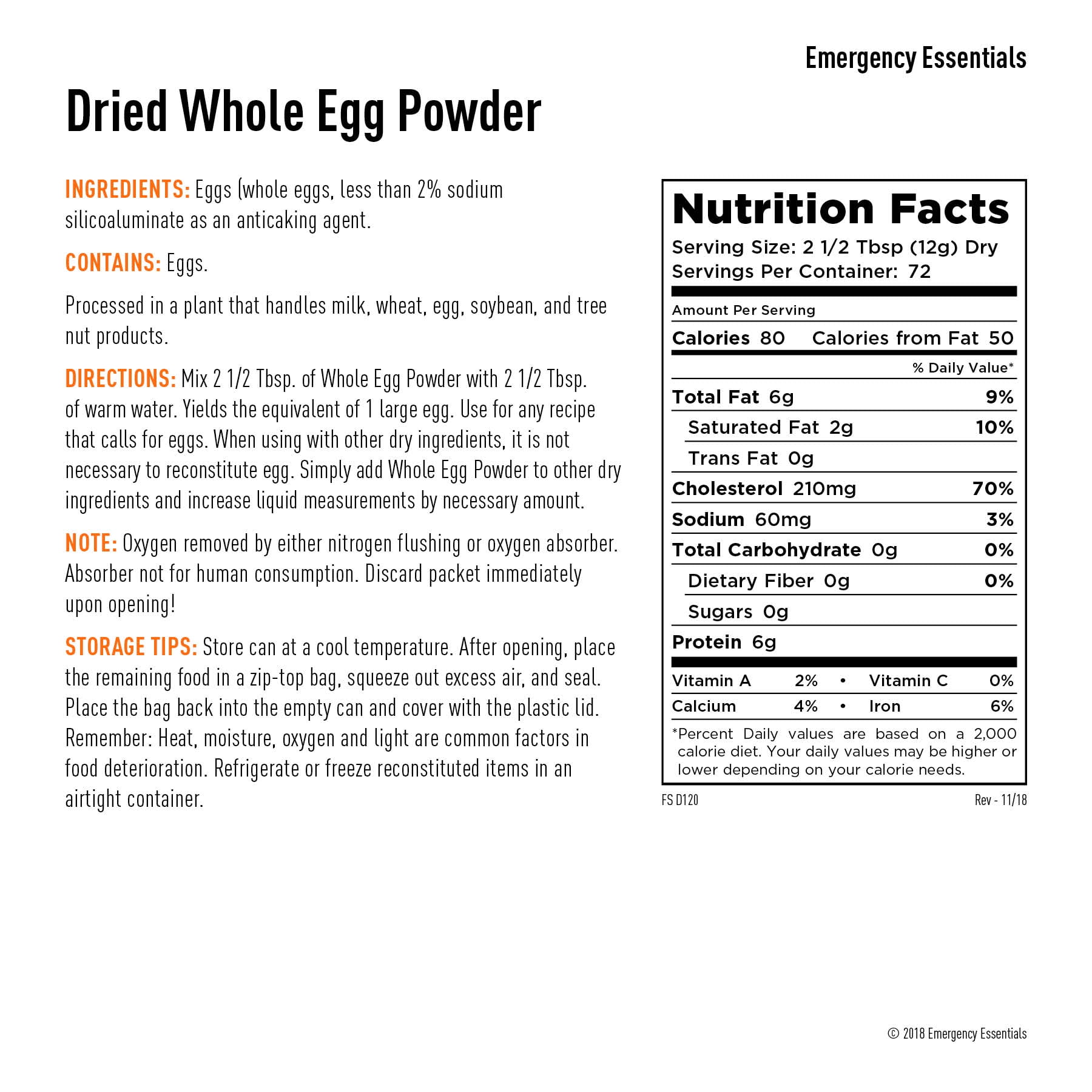 Emergency Essentials Dried Whole Egg Powder, 33 oz – Pasteurized, Shelf-Stable