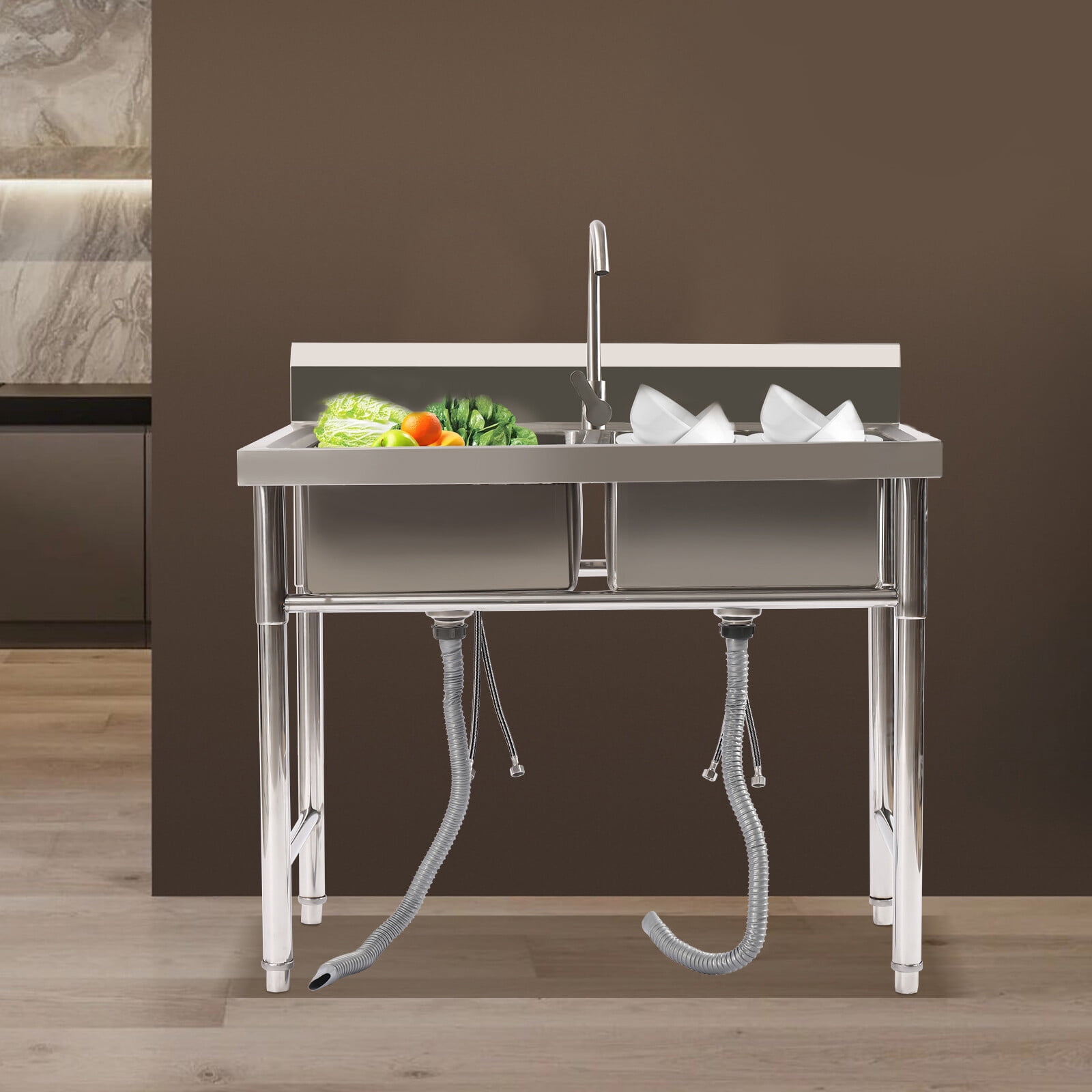 Freestanding Rectangular Silver Double Compartment Commercial Restaurant Utility Kitchen Sink Stainless Steel
