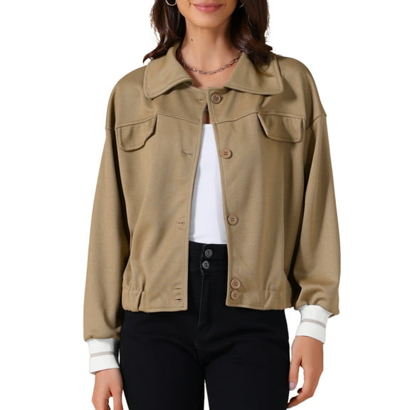 INSPIRE CHIC Womens Cropped Jacket 2025 Fall Casual Button Down Long Sleeve Coat S Khaki