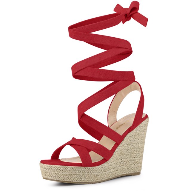 BLISSFUL STEP Sandales Espadrilles à Lacets à Talon Compensé à Brides pour Femme Rouge US 10