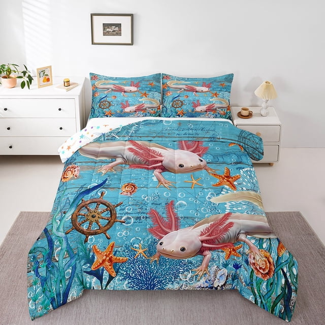 Erosebridal Ensemble de Literie Mignon Axolotl pour Lit Simple, Insert de Couette Animal Marin, Rose Bleu, Réversible 2 Pcs