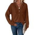 thumbnail image 3 of Sudadera con Capucha de Larga de Punto Gofre para Mujer, con Cordón, Botones, Cuello en V, Informal, con Capucha. Color Caramelo XXL, 3 of 9
