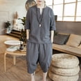 thumbnail image 2 of Two Piece Pants Sets Mens Two Piece Solid Cotton Linen 3/4 Sleeve V Neck Tops and Shorts Set, 2 of 12
