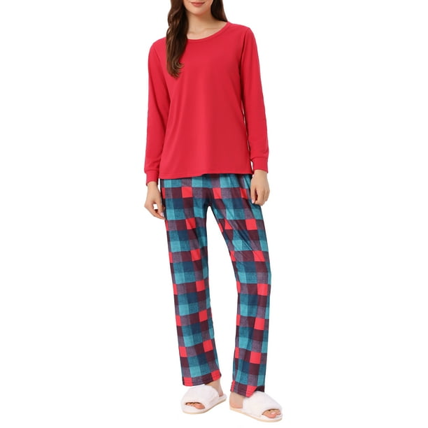 Conjunto de pijamas familiares de cuadros para mujer, camisetas de manga larga y pantalones, color rojo