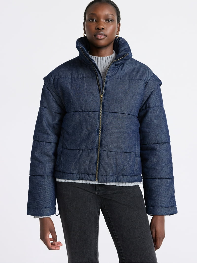 Free Assembly Women's and Women's Plus Short Denim Puffer Jacket