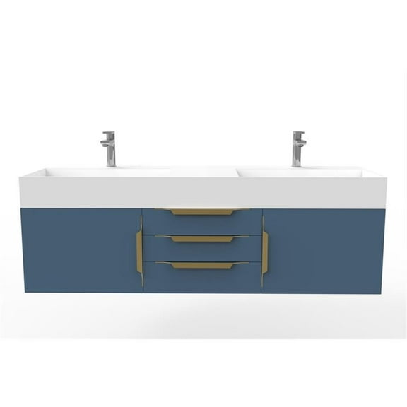 Amazon 60" Blue Wood Floating Vanity with White Top and Gold Trim