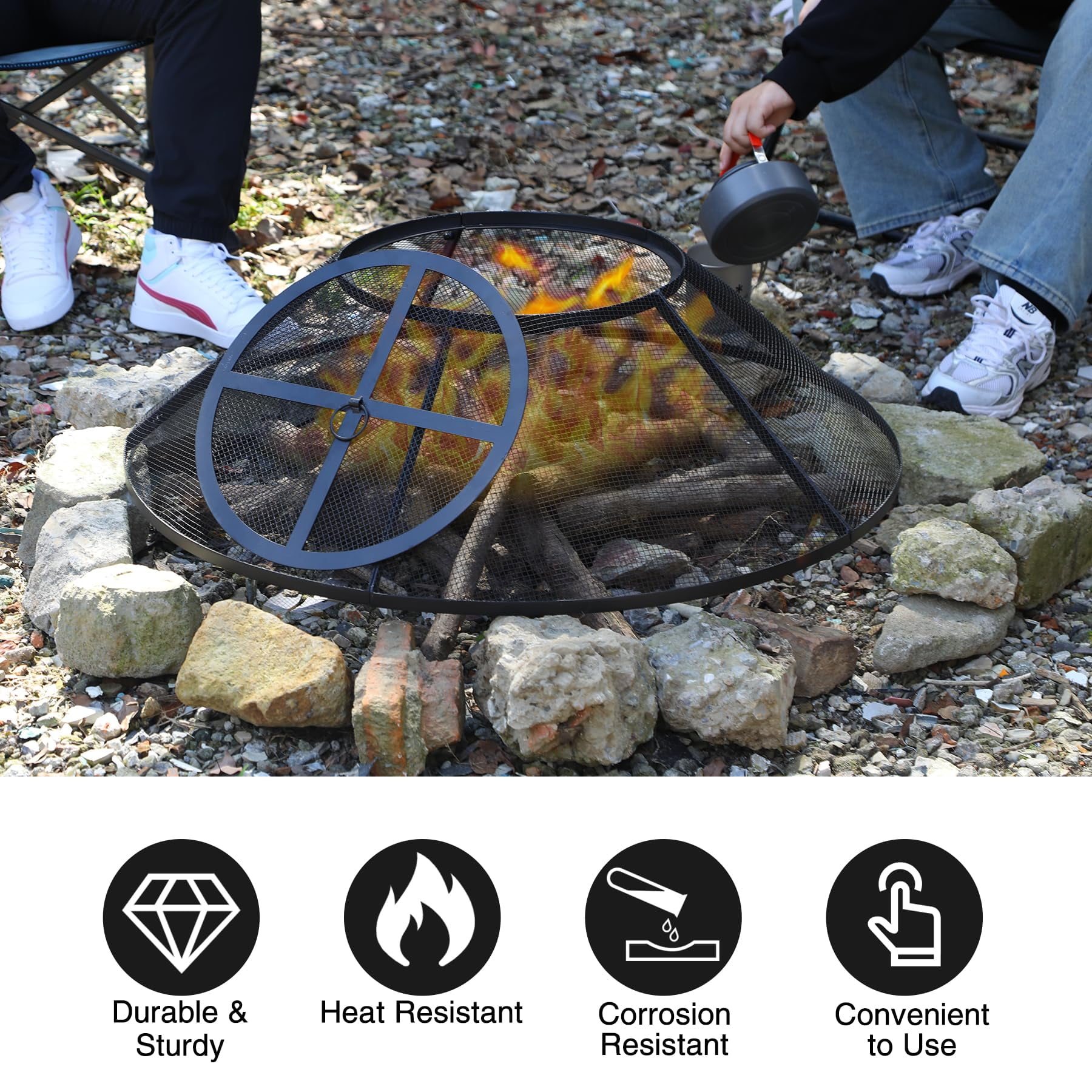RedSwing Fire Pit Spark Screen, 36 inch Round Fire Pit Cover with Handle and Poker, Heavy Duty Metal Mesh for Outdoor Use
