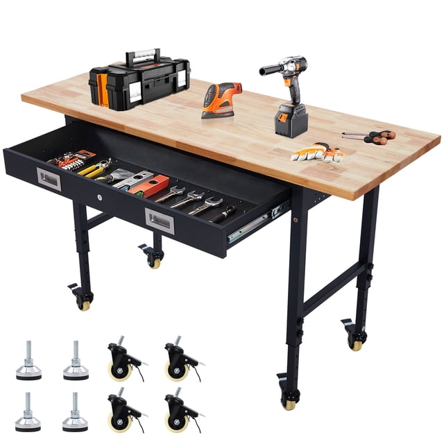 Bingirl 60" Workbench with Drawer Storage,Garage, Rubber Wood Top Heavy Duty Workbench with Power Outlet & 4 Lockable Wheels, 2000lbs Load Capacity