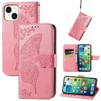Dteck for Apple iPhone 15 Wallet Case with Credit Card Holder and Phone Grip, Magnetic Butterfly Embossed PU Leather Kickstand Protective Wrist Strap Cover
for Men Women, Pink