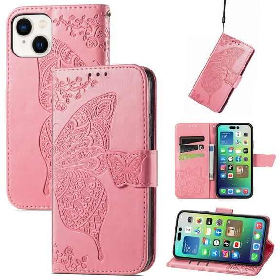 Dteck for Apple iPhone 15 Wallet Case with Credit Card Holder and Phone Grip, Magnetic Butterfly Embossed PU Leather Kickstand Protective Wrist Strap Cover
for Men Women, Pink