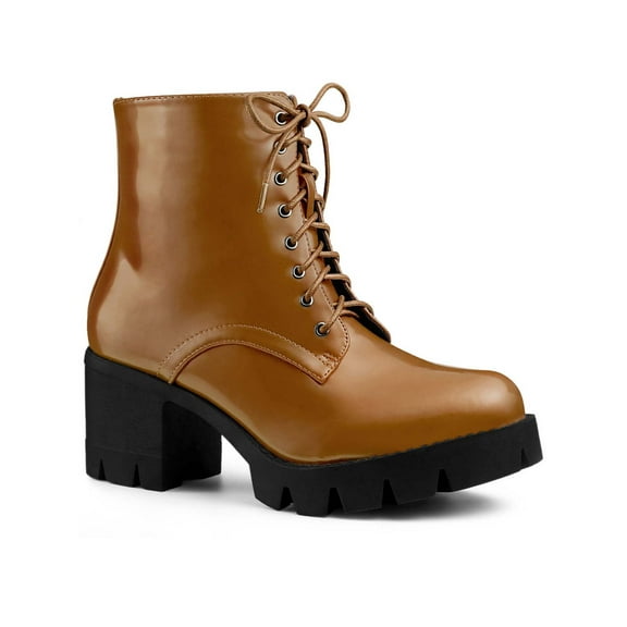 BLISSFUL STEP Women's Platform Chunky Heels Combat Boots Brown 8.5