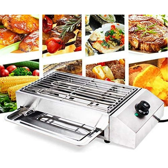 110V 1800W Commercial Electric Grill Portable Barbecue Oven Stainless Steel BBQ Grill Countertop Flat Top Electric Grill for Indoor Restaurant Outdoor Camping Party Sliver