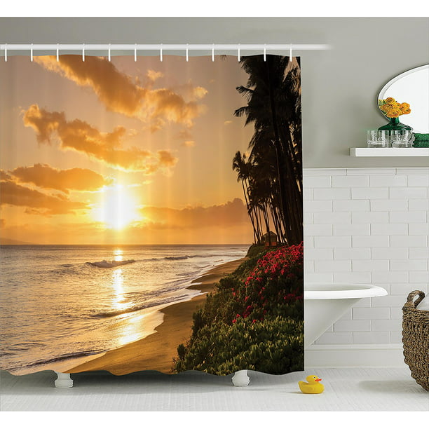 Hawaiian Decorations Shower Curtain Set By , Warm Tropical Sunset On ...