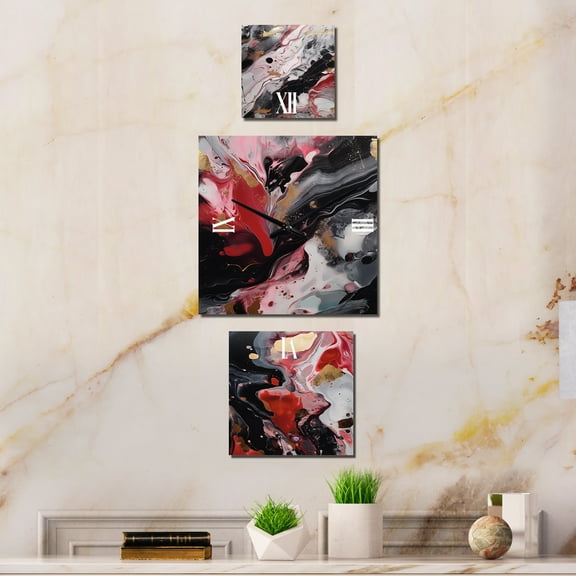 Designart "Infused Marble in Red and Black" Marble Multipanel Clock For Living Room Décor - Large Contemporary Wall Clock - Oversized Red Wall Clock - Set Of 3
