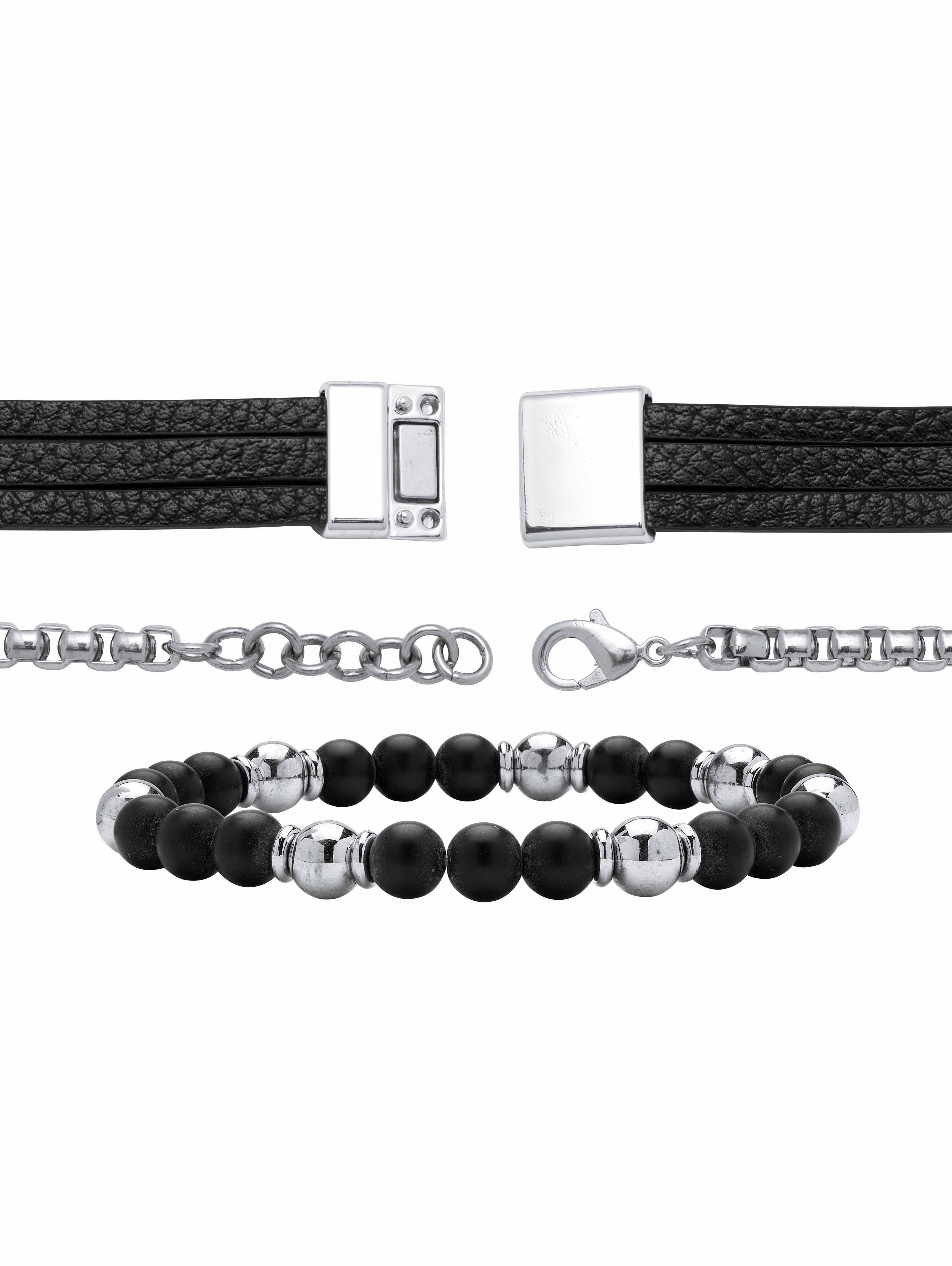 American Exchange Men's Stainless Steel Cross Leather Multi Strand Bracelet Set 8.5 Inch