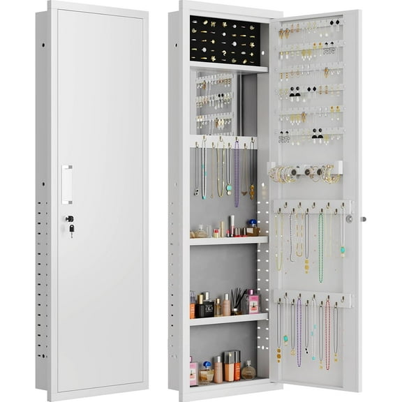 Mirror Jewelry Cabinet, 47.24" Tall Wall Mounted Jewelry Cabinet with Mirror and Light, Large Jewelry Armoire Organizer, Jewelry Storage with Lock & Adjustable Shelves (White