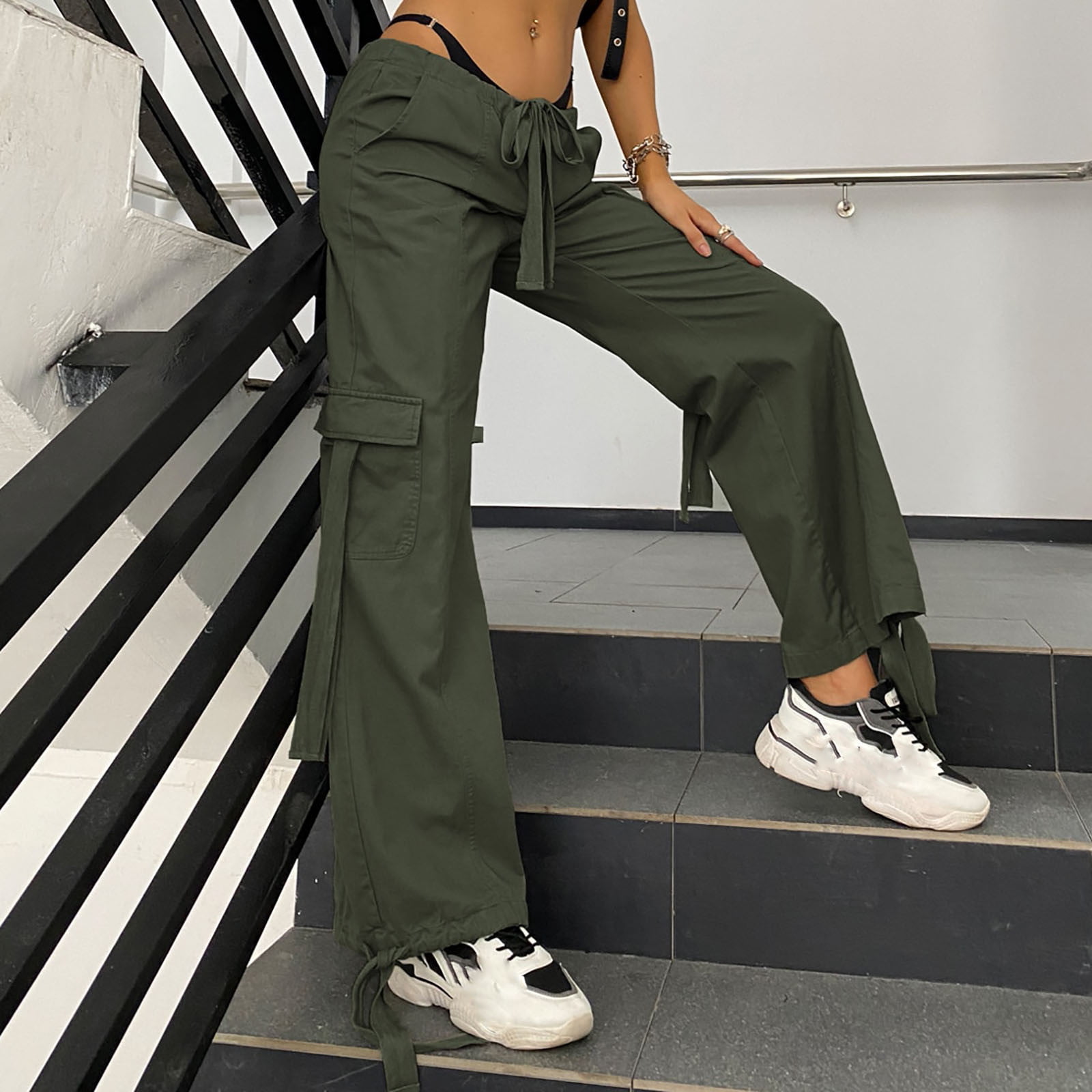 RYRJJ Wide Leg Cargo Pants for Women Low Rise Trousers with Multi-Pockets  Fashion Y2K Streetwear Drawstring Casual Baggy Pants(Army Green,S) 