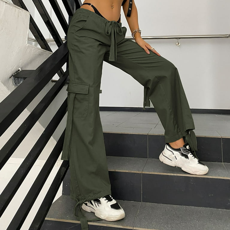 JWZUY Y2K Cargo Drawstring Wide Leg Pants for Women High Rise Straight  Cargo Pants Harajuku Vintage Grunge Streetwear Army Green XS