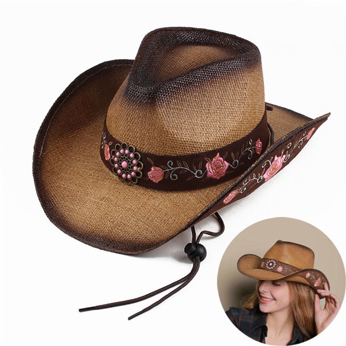 Cowgirl Hat Pink Flower Straw Vintage Western Party Concert Women's