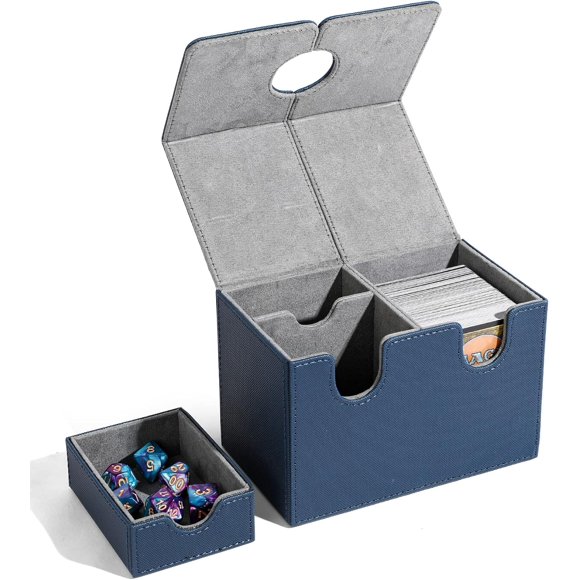ERDS-Card Deck Box with Dice Tray for MTG Cards, 200+ Card Storage Box Fits for TCG CCG, PU Leather Strong Magnet Collectible Card Case(Navy)