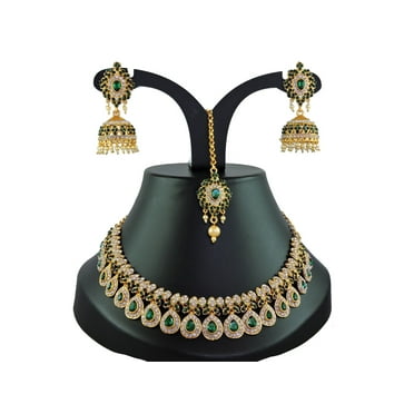 Rhinestone Gold Plated Choker Indian Bollywood Fashion Style Wedding & Bridal Jewelry Set