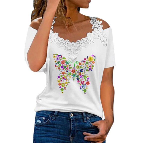 asdoklhq Juniors Plus Tops & T-Shirts,Women Print T-Shirt Short Sleeve Lace Splicing Cold Shoulder V Neck Tops Summer Casual Blouse