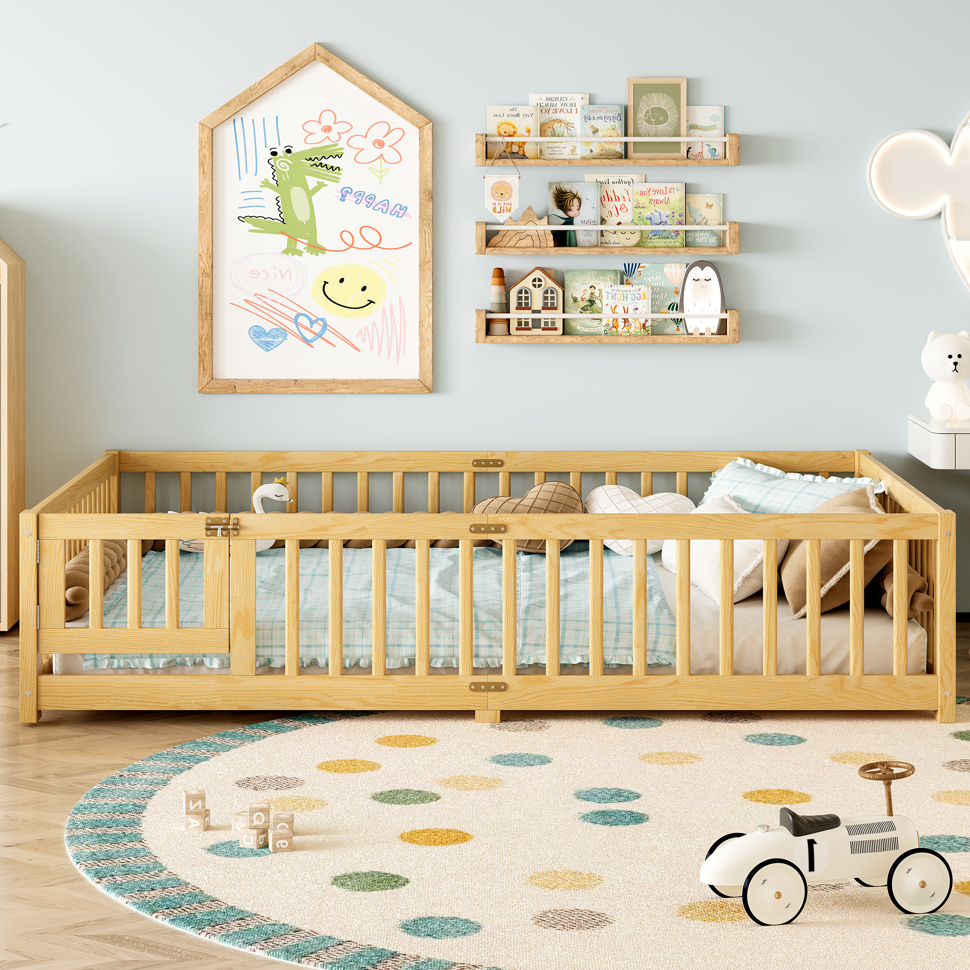 Jopath Queen Size Floor Bed Frame,Montessori Bed with Guardrails and Door,with Slatted Base,for Kids,Boys,Girls,Natural