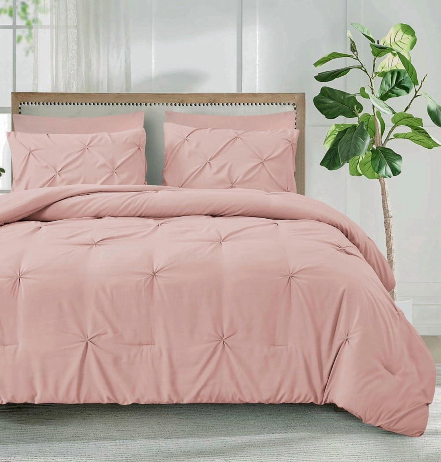 Marina Decoration Home Decor Bedding Pintuck Comforters Soft Luxury Fluffy Goose Down Alternative Solid Boho Tufted Pinch Pleated 2 Piece Comforter Set with Ruffled Sham, Pink Color Twin/Single Size