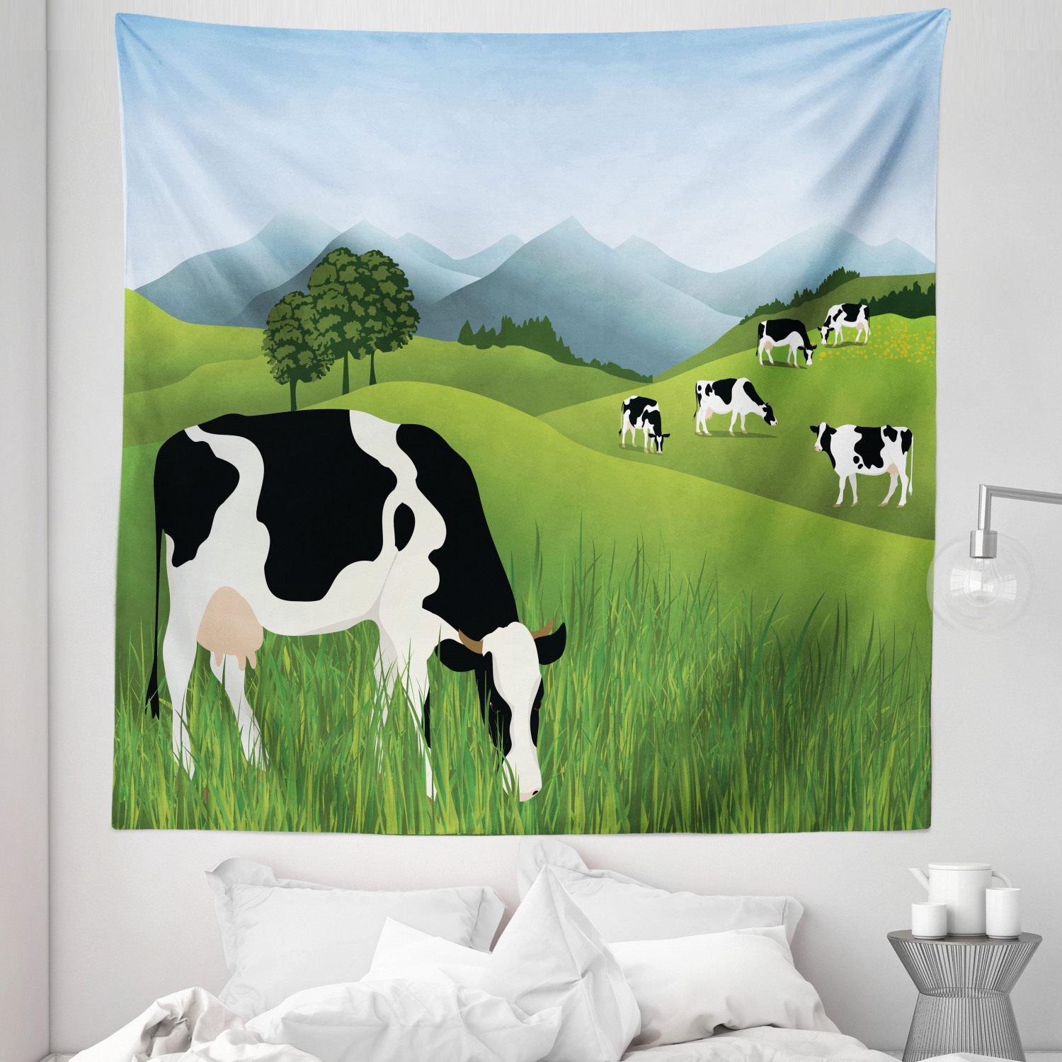 Cattle Tapestry, Agriculture Theme Landscape with Misty Mountain