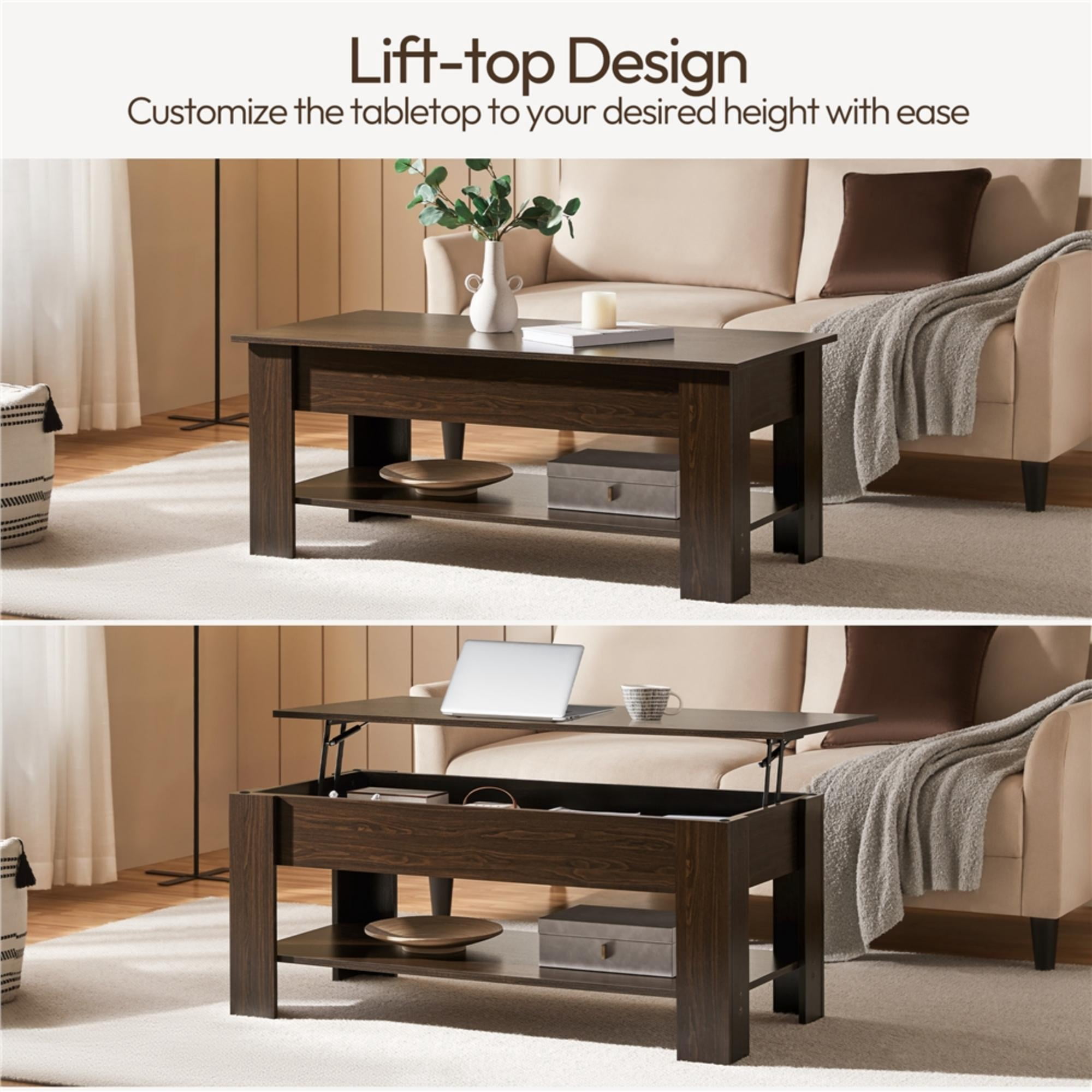 Alden Design Modern 47.5" Wood Lift Top Coffee Table with Lower Shelf for Living Room, Espresso
