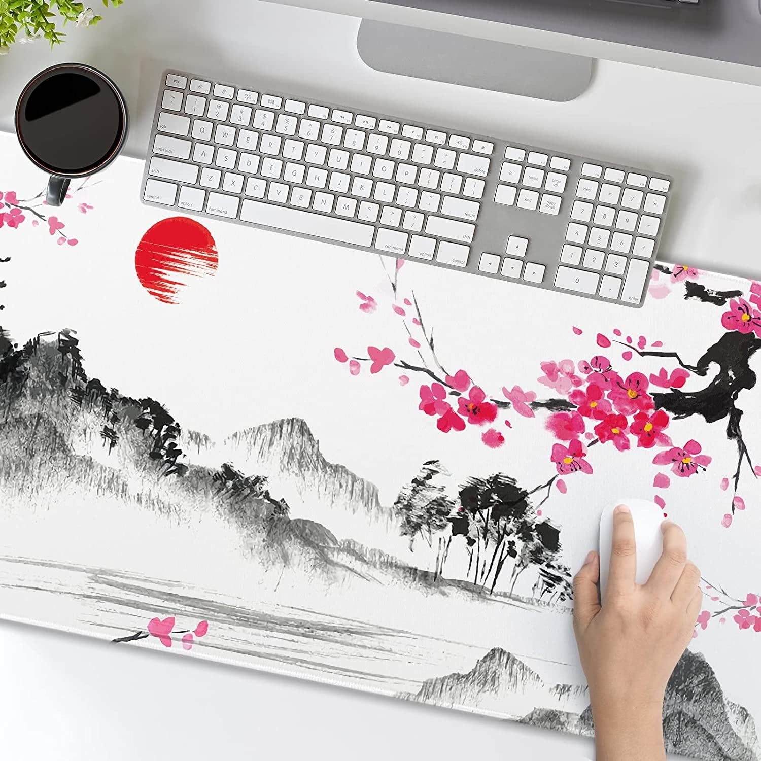 Watercolor Sakura Mouse Pad 35.4 X 15.7 Inch Japanese Hills Cherry Blossom Extended Large Pink Mouse Mat Non-Slip Rubber Base Mousepad with Stitched Edges Waterproof Desk Pad for Gaming&Home Office,XL