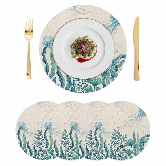 Turquoise Jellyfish Coastal Round 13 Inch Placemats Set of 4, Summer Ocean Seaweed Rustic HeatResistant Non Slip Place Mats for Dining Table, Wipeable Braided Kitchen Table Mats for Housewarming