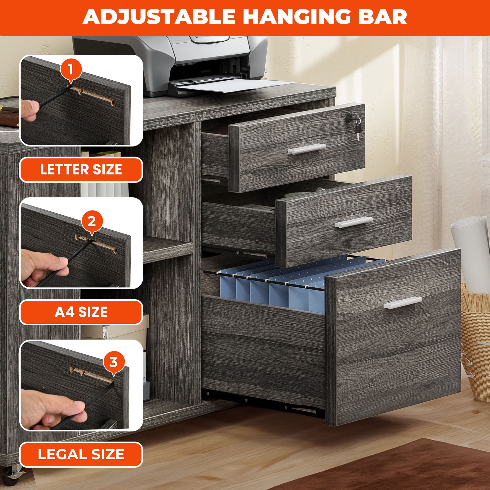 Wooflex Lateral Filing Cabinet with Charging Hub, Adjustable Shelf, Locking Drawers, Wheels, Modern 1x3x2 ft Portable Modern Wood Printer Stand, Ash Charcoal Gray