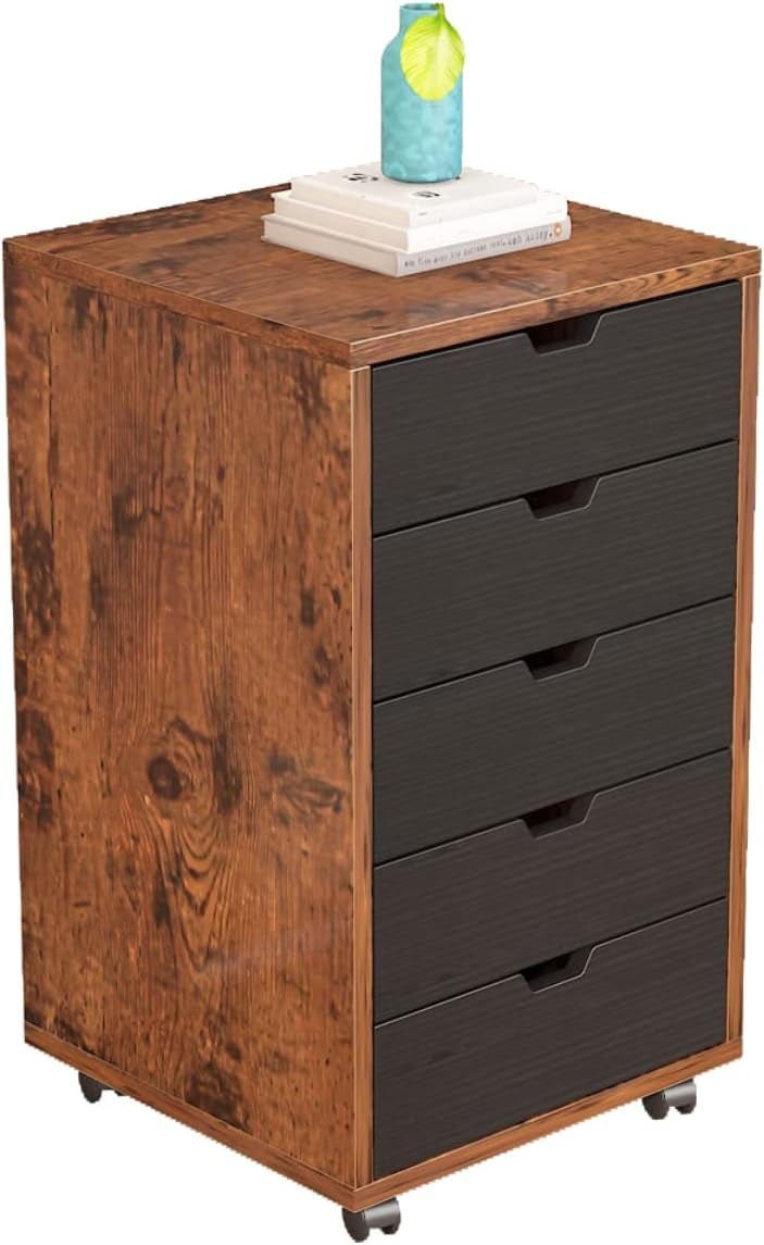 5-Drawer File Cabinet, Wooden Storage Cabinet with Wheels, Dresser Chest of Drawers, Filing Cabinets for Home Office, Rustic Brown
