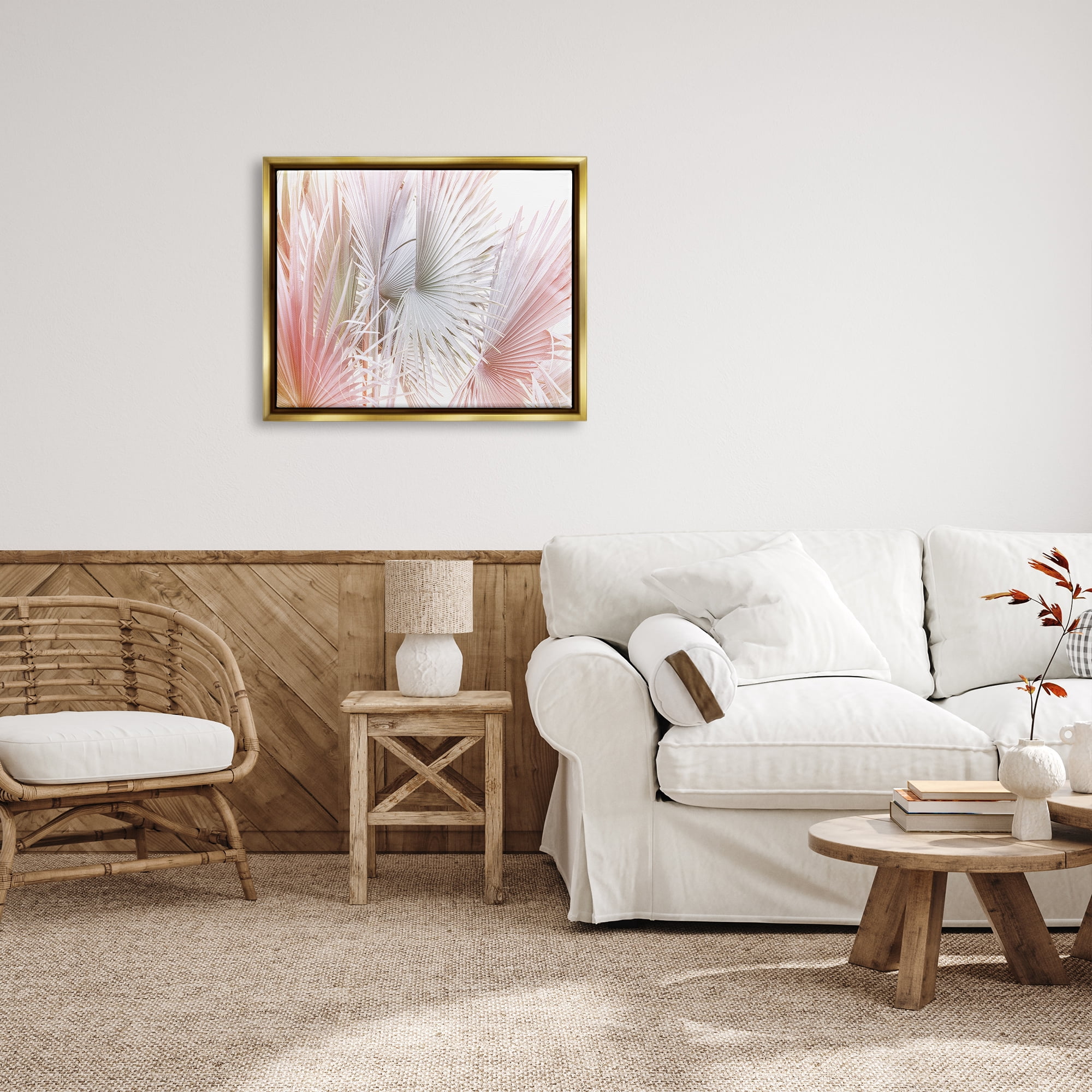 Stupell Industries Pastel Palm Plant Leaves Nature Painting Gold Floater Framed Art Print Wall Art, 31 x 25