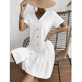 thumbnail image 5 of Women Button Down Dress Loose Summer Cotton Linen Dress Ruffle Hem Casual Dress Short Sleeve Tunic Dress, 5 of 6