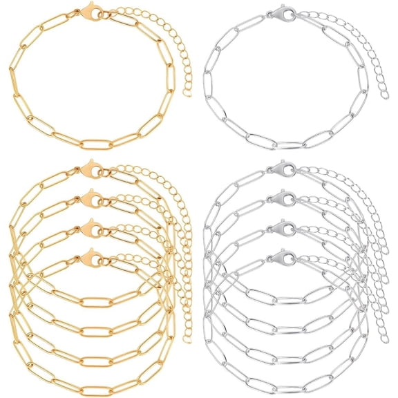 10Pcs 2 Colors Gold Charm Bracelet Kit Paperclip Chain for Jewelry Making Bracelets 304 Stainless Steel 18K Gold Plated Silver Adjustable Bangles Linking Extender for DIY Craft Accessories