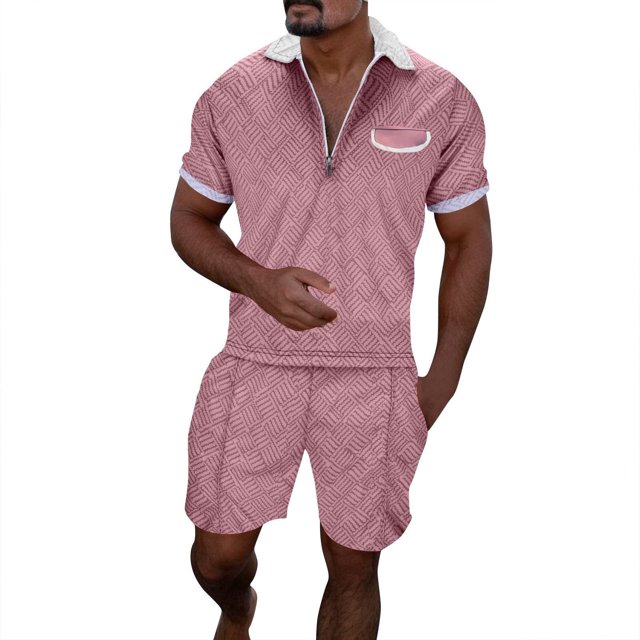 toraway Men's Sets Fashion Male Casual Striped Gradient Ramp Print Two Piece Suit Zipper Short Sleeve Top Blouse Suit Drawstring Pocket Short Set XXXXXXL