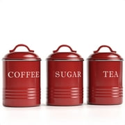 Barnyard Designs Airtight Kitchen Canister Decorations with Lids, Brick Red Metal Rustic Farmhouse Country Decor Containers for Sugar Coffee Tea Storage (Set of 3) (4” x 6.75”)