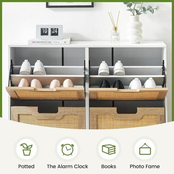 Off-white Elegant Natural Rattan Shoe Cabinet Organizer with Four Flip Doors Adjustable Shelves and Sturdy Construction White Border Wood Color Drawer Metal Racks